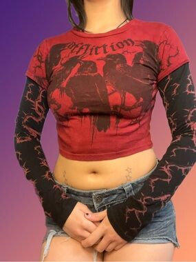 Affliction Burgundy and Black Graphic Long Sleeve